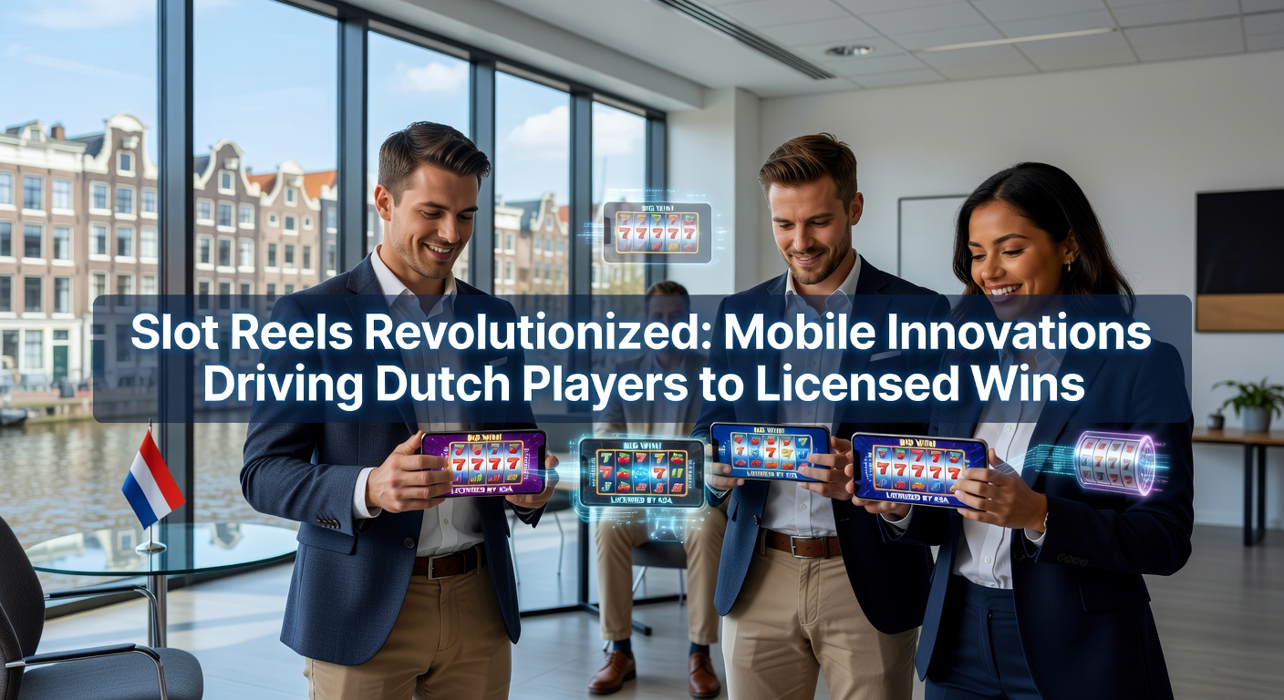 Moderne mobiele slotmachine met draaiende reels op een smartphone-scherm, omringd door Nederlandse vlag en licentie-iconen