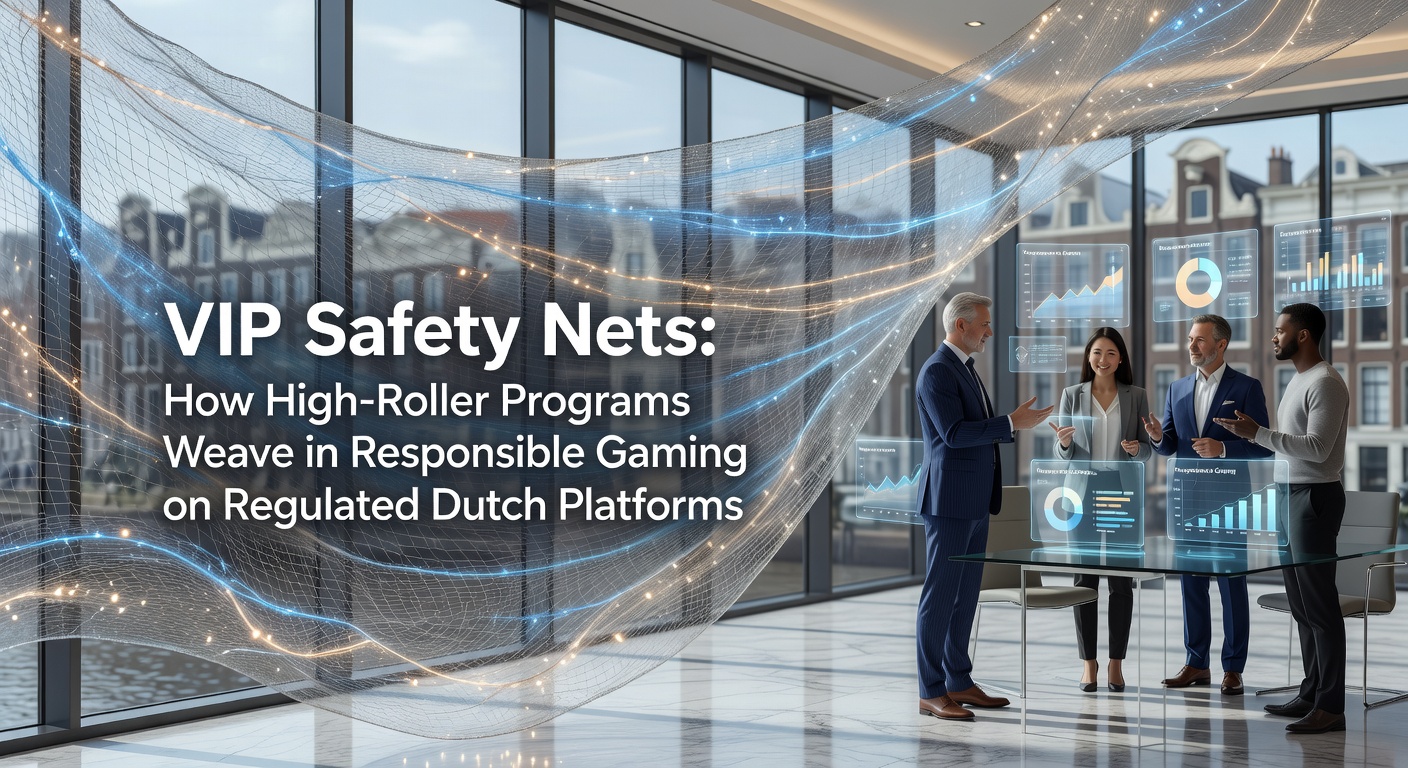 High-roller spelers genieten van exclusieve perks terwijl responsible gaming tools op de achtergrond zichtbaar zijn in een Nederlands online casino