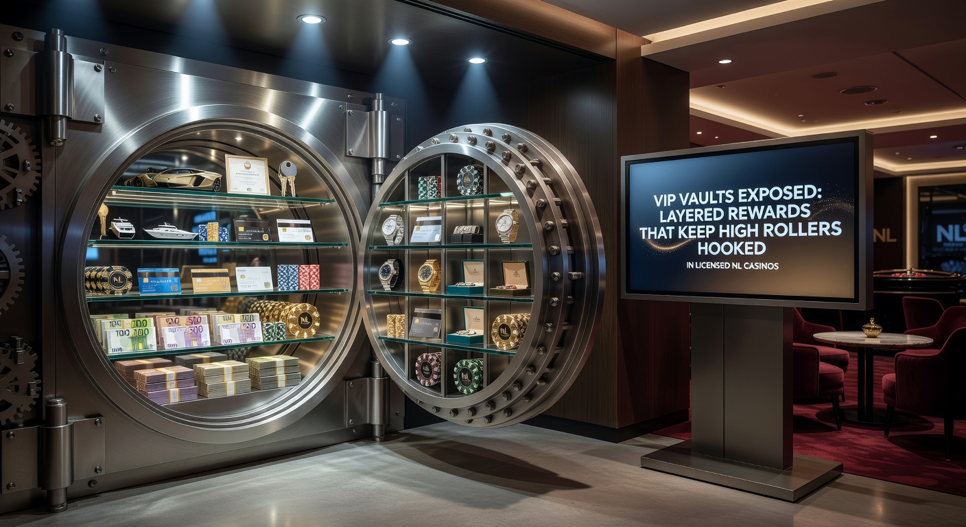 Schermafbeelding van een VIP-vault interface met gelaagde beloningsniveaus in een Nederlands online casino, waar high rollers schatten van bonussen en free spins ontgrendelen