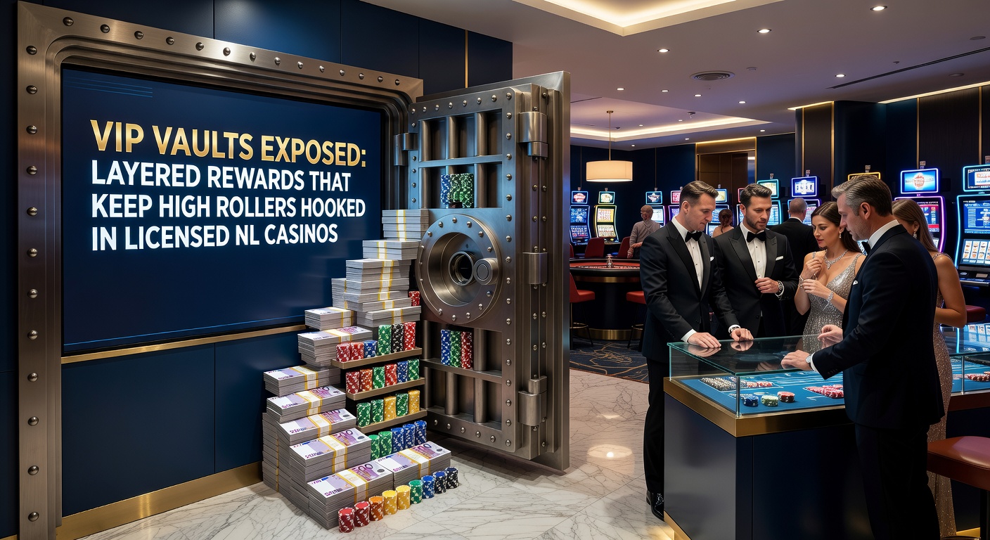 High roller aan een exclusieve VIP-tafel in een Nederlands casino, met zichtbare beloningskaarten en cashback-meters op een digitaal scherm